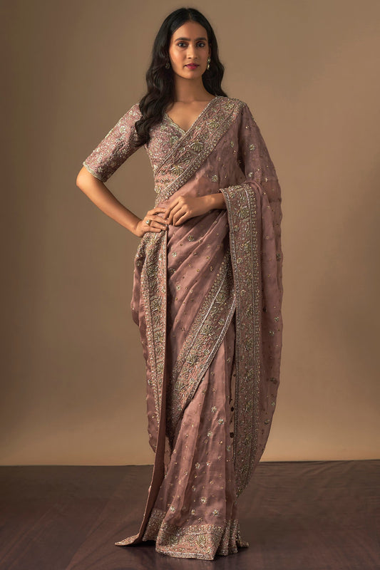 Peach Organza Zardosi Embroidered Saree Set