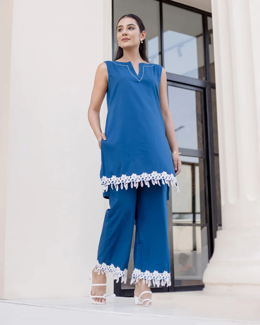 Cyan Blue Solid Cotton Coord Set