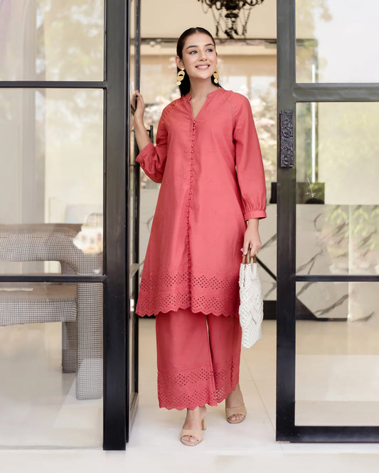 Poppies Red Solid Cotton Schiffli Coord Set