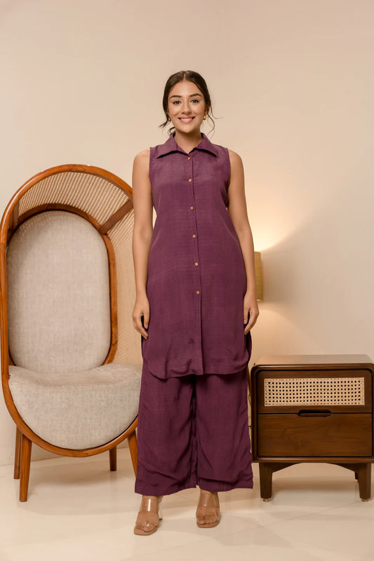 Diablo Purple Solid Moss Crepe Coord Set