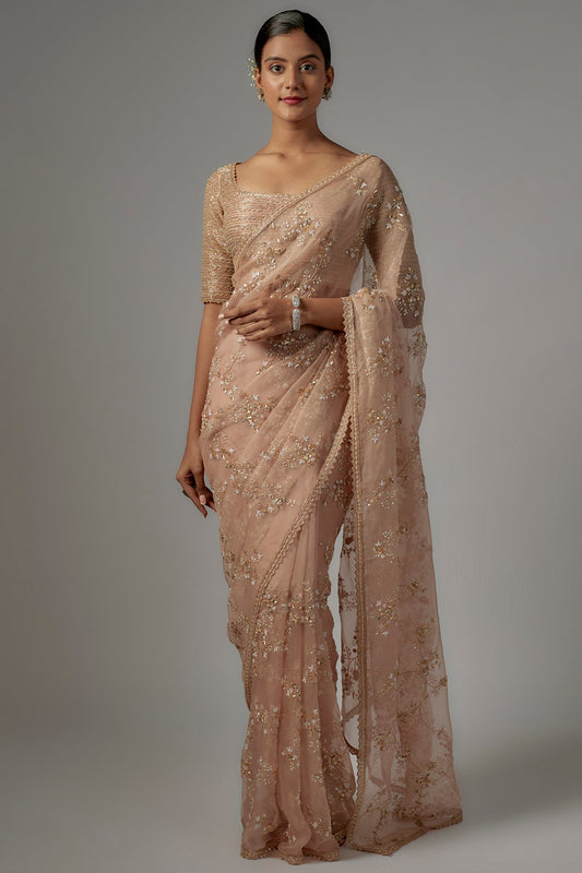 Peach Organza Floral Motif Embroidered Saree Set