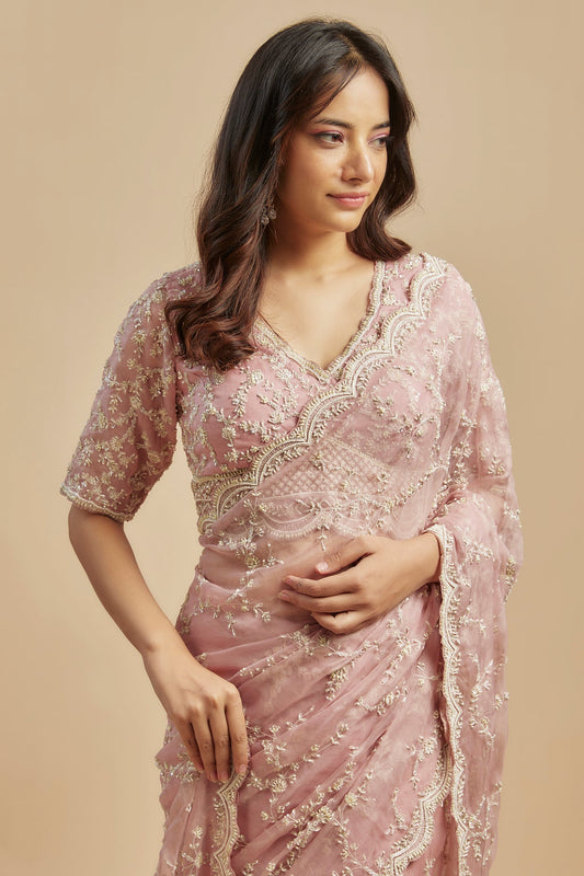 COUTURE BY NIHARIKA Lilac Pink Organza Jaal Embroidered Saree Set