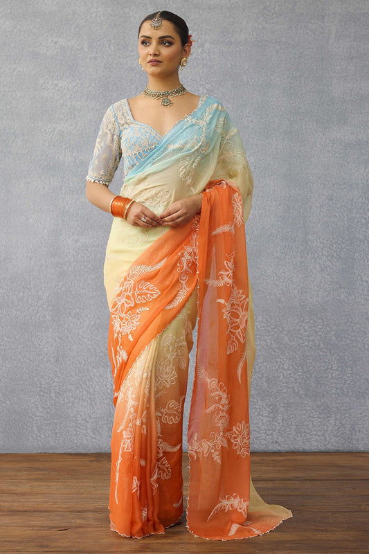 Multi-Colored Ombre Chiffon Dori Hand Embroidered Saree