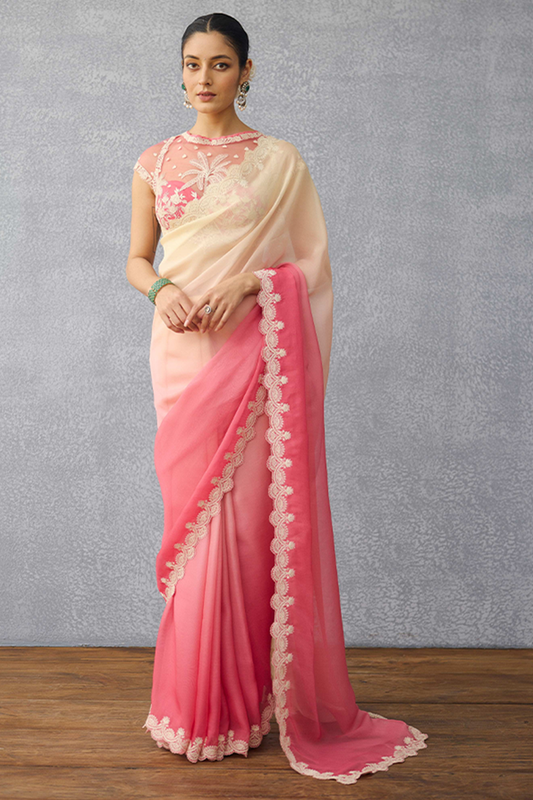 Peach & Pink Ombre Organza Embroidered Scalloped Saree