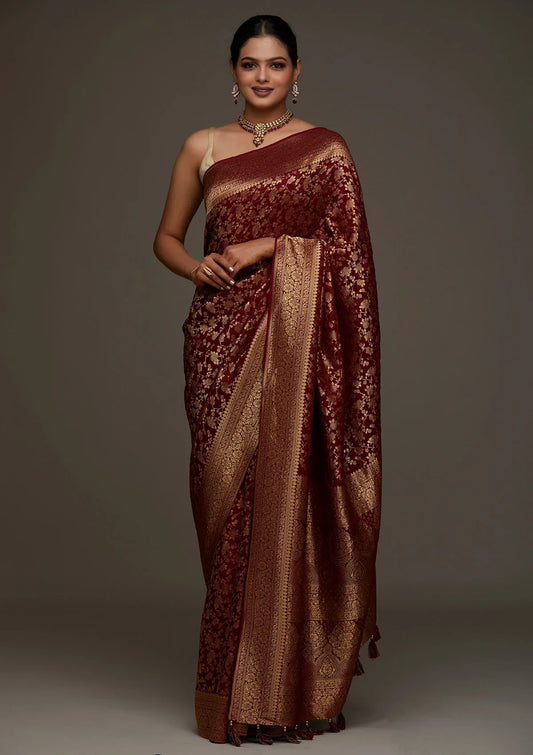 Maroon Zari Work Banarasi Saree