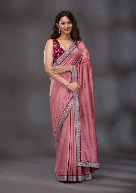 Peach Threadwork Raw Silk Saree