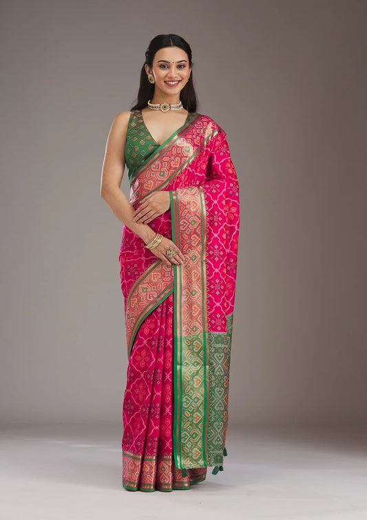 Pink Threadwork Art Silk Saree