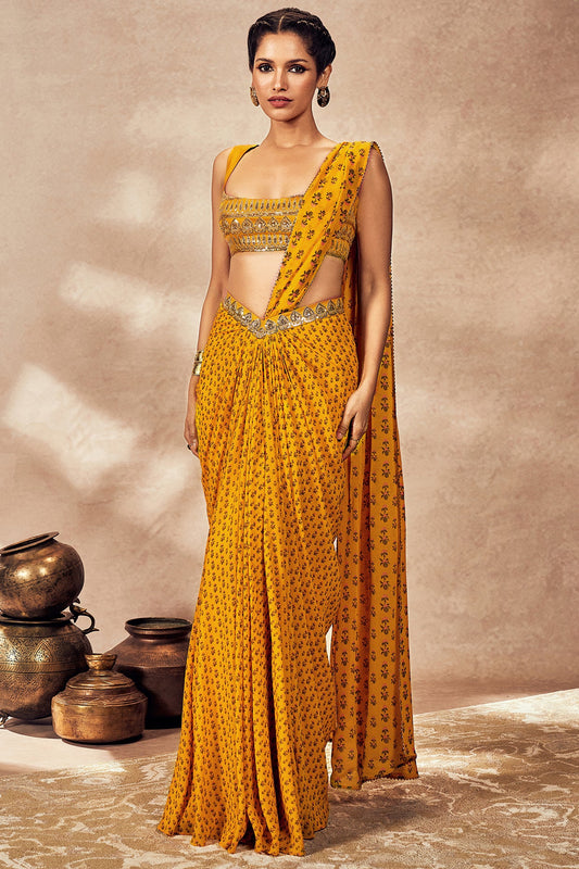 Yellow Georgette Digital Printed & Sequins Embellished Pre-Stitched Saree Set
